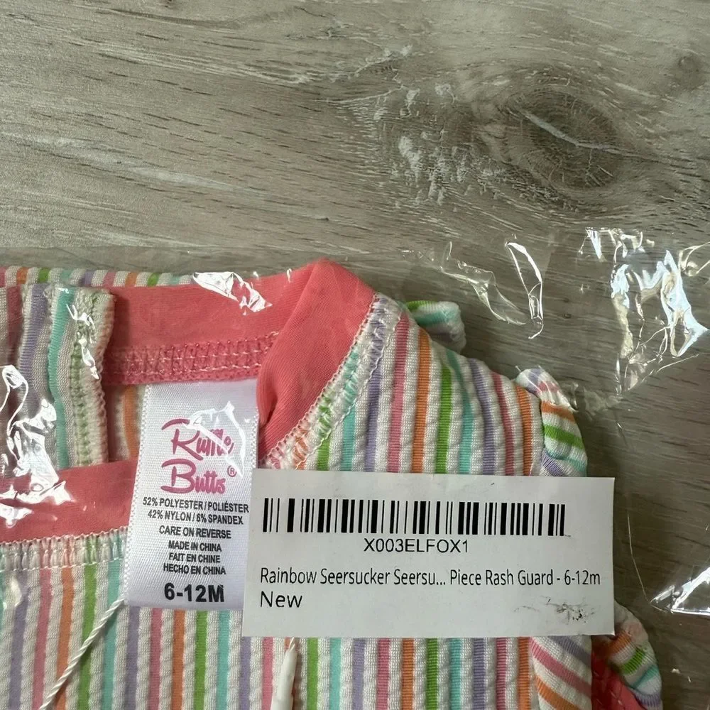 Ruffle Butts Rainbow Seersucker Long Sleeve One Piece‎ Rash Guard 6-12Months Nwt